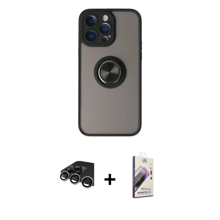MARSİLYAN™- iPhone 14 Pro Max Kılıf Yörünge Çizgi - Siyah Bilvis 3D Mat Cam Ekran Koruyucu + Gümüş Raze Metal Kamera Lens