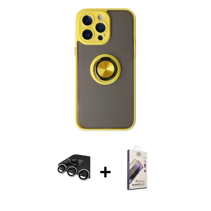 MARSİLYAN™- iPhone 14 Pro Max Kılıf Yörünge Çizgi - Siyah Bilvis 3D Mat Cam Ekran Koruyucu + Gümüş Raze Metal Kamera Lens