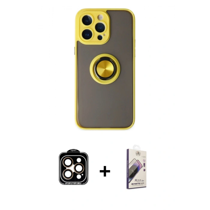 MARSİLYAN™- iPhone 14 Pro Max Kılıf Yörünge Çizgi - Siyah Bilvis 3D Mat Cam Ekran Koruyucu + PVD Metal Kamera Lens - TU