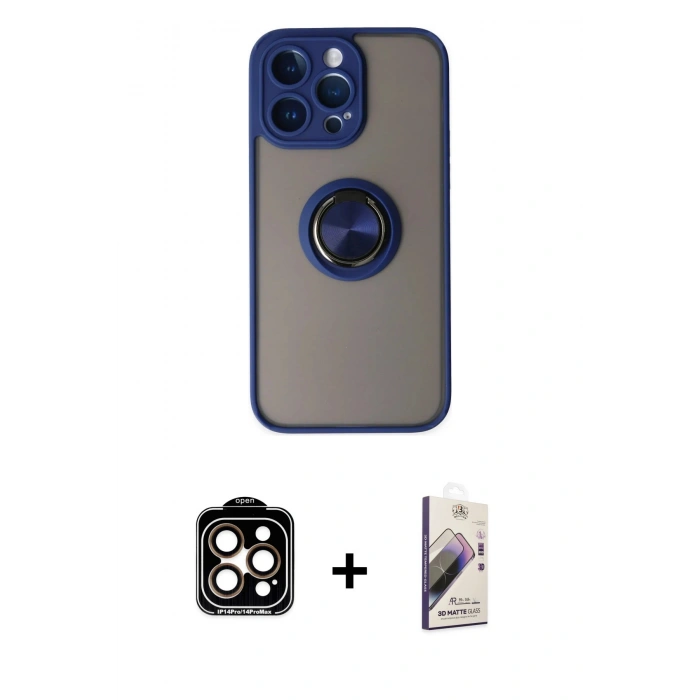 MARSİLYAN™- iPhone 14 Pro Max Kılıf Yörünge Çizgi - Siyah Bilvis 3D Mat Cam Ekran Koruyucu + PVD Metal Kamera Lens - TU