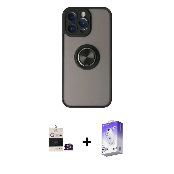 MARSİLYAN™- iPhone 14 Pro Max Kılıf Yörünge Çizgi - Siyah Bilvis 5in1 3D Magic Cam Ekran Koruyucu + Bilvis Titan Kamera Lens - GD