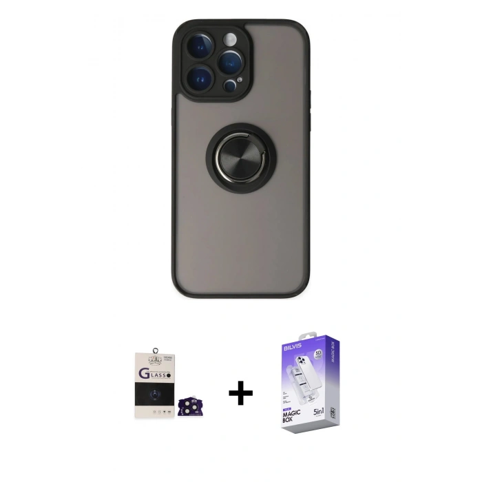 MARSİLYAN™- iPhone 14 Pro Max Kılıf Yörünge Çizgi - Siyah Bilvis 5in1 3D Magic Cam Ekran Koruyucu + Bilvis Titan Kamera Lens - DNMR