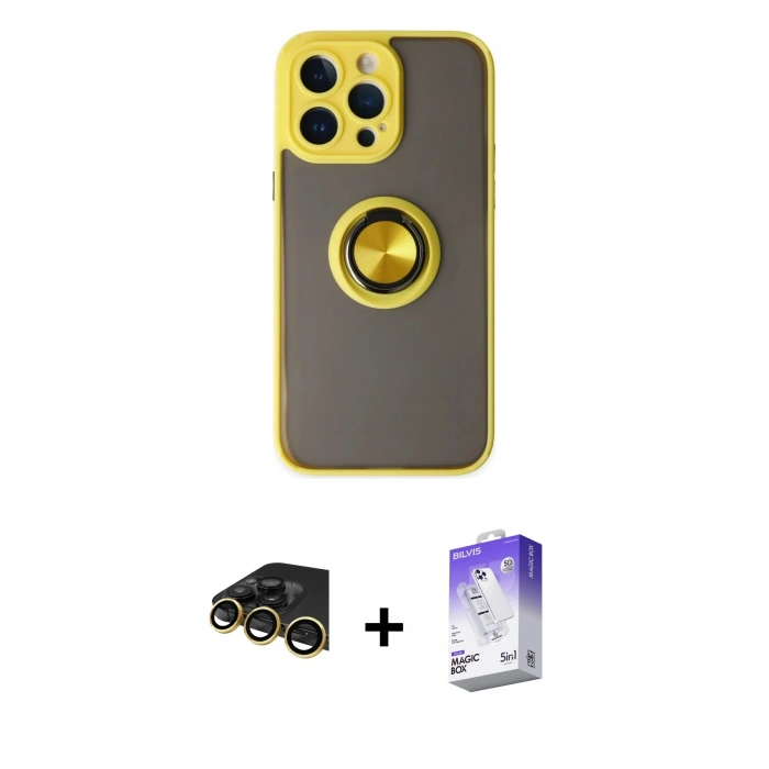 MARSİLYAN™- iPhone 14 Pro Max Kılıf Yörünge Çizgi - Siyah Bilvis 5in1 3D Magic Cam Ekran Koruyucu + Raze Metal Kamera Lens - GD