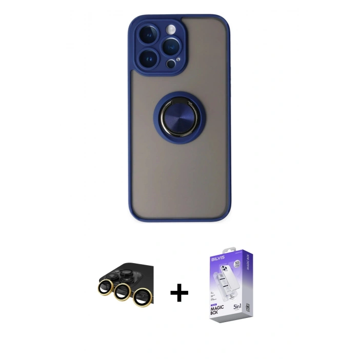 MARSİLYAN™- iPhone 14 Pro Max Kılıf Yörünge Çizgi - Siyah Bilvis 5in1 3D Magic Cam Ekran Koruyucu + Raze Metal Kamera Lens - GD