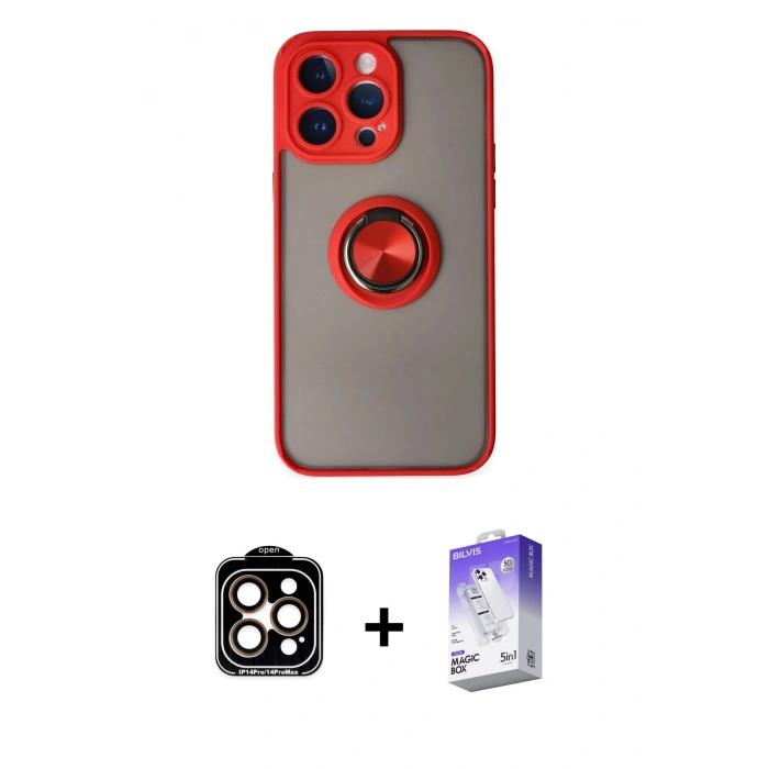 MARSİLYAN™- iPhone 14 Pro Max Kılıf Yörünge Çizgi - Siyah Bilvis 5in1 3D Magic Cam Ekran Koruyucu + PVD Metal Kamera Lens - TU