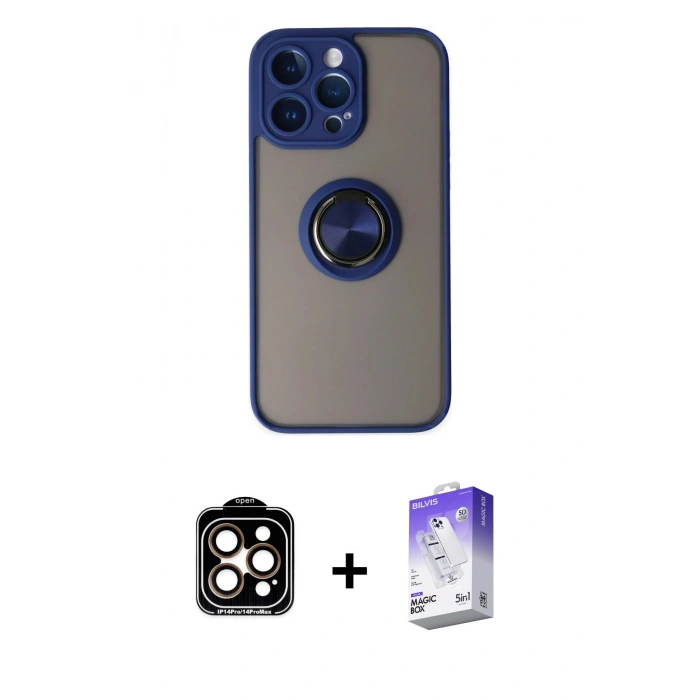 MARSİLYAN™- iPhone 14 Pro Max Kılıf Yörünge Çizgi - Siyah Bilvis 5in1 3D Magic Cam Ekran Koruyucu + PVD Metal Kamera Lens - TU