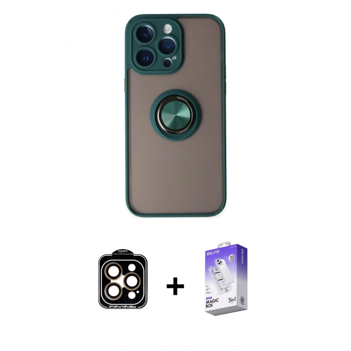 MARSİLYAN™- iPhone 14 Pro Max Kılıf Yörünge Çizgi - Siyah Bilvis 5in1 3D Magic Cam Ekran Koruyucu + PVD Metal Kamera Lens - TU