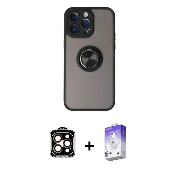 MARSİLYAN™- iPhone 14 Pro Max Kılıf Yörünge Çizgi - Siyah Bilvis 5in1 3D Magic Cam Ekran Koruyucu + PVD Metal Kamera Lens - TU
