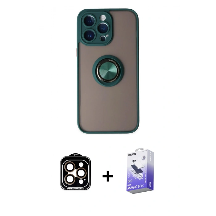 MARSİLYAN™- iPhone 14 Pro Max Kılıf Yörünge Çizgi - Siyah Bilvis 5in1 5D Magic Hayalet Cam Ekran Koruyucu + PVD Metal Kamera Lens - TU