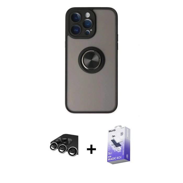 MARSİLYAN™- iPhone 14 Pro Max Kılıf Yörünge Çizgi - Siyah Bilvis 5in1 5D Magic Hayalet Cam Ekran Koruyucu + Raze Metal Kamera Lens - GS