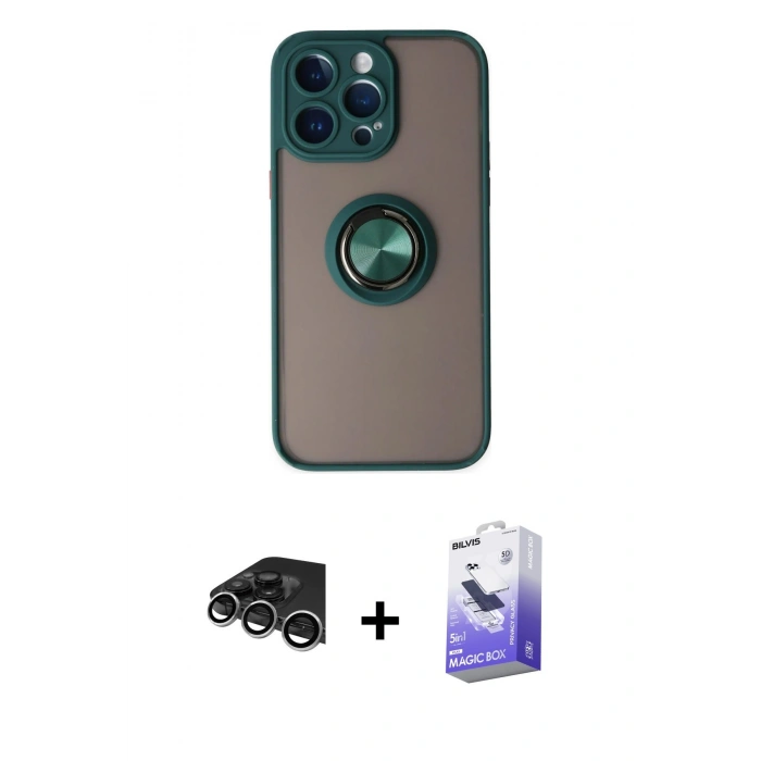 MARSİLYAN™- iPhone 14 Pro Max Kılıf Yörünge Çizgi - Siyah Bilvis 5in1 5D Magic Hayalet Cam Ekran Koruyucu + Raze Metal Kamera Lens - GS