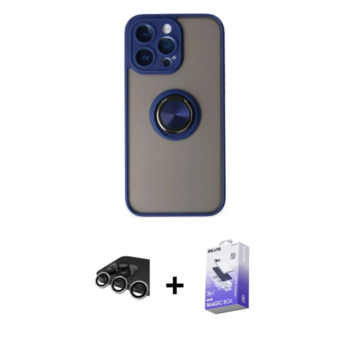 MARSİLYAN™- iPhone 14 Pro Max Kılıf Yörünge Çizgi - Siyah Bilvis 5in1 5D Magic Hayalet Cam Ekran Koruyucu + Raze Metal Kamera Lens - GS
