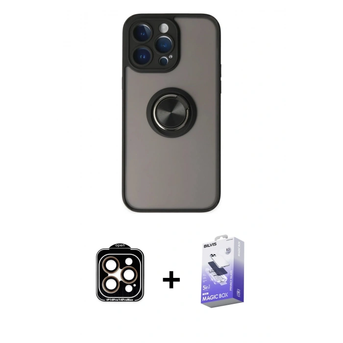 MARSİLYAN™- iPhone 14 Pro Max Kılıf Yörünge Çizgi - Siyah Bilvis 5in1 5D Magic Hayalet Cam Ekran Koruyucu + PVD Metal Kamera Lens - TU