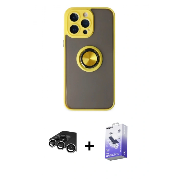MARSİLYAN™- iPhone 14 Pro Max Kılıf Yörünge Çizgi - Siyah Bilvis 5in1 5D Magic Hayalet Cam Ekran Koruyucu + Raze Metal Kamera Lens - GS