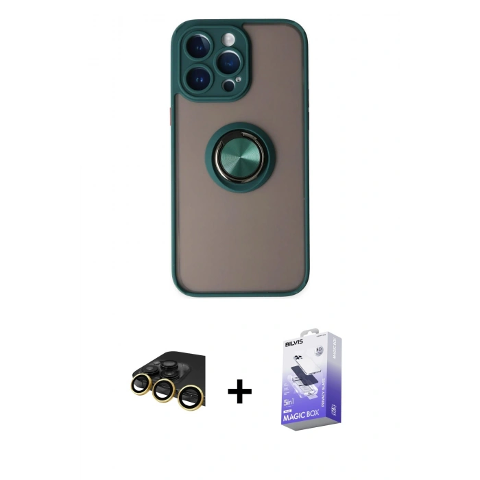 MARSİLYAN™- iPhone 14 Pro Max Kılıf Yörünge Çizgi - Siyah Bilvis 5in1 5D Magic Hayalet Cam Ekran Koruyucu + Raze Metal Kamera Lens - GD