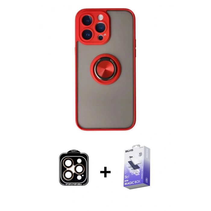 MARSİLYAN™- iPhone 14 Pro Max Kılıf Yörünge Çizgi - Siyah Bilvis 5in1 5D Magic Hayalet Cam Ekran Koruyucu + PVD Metal Kamera Lens - TU