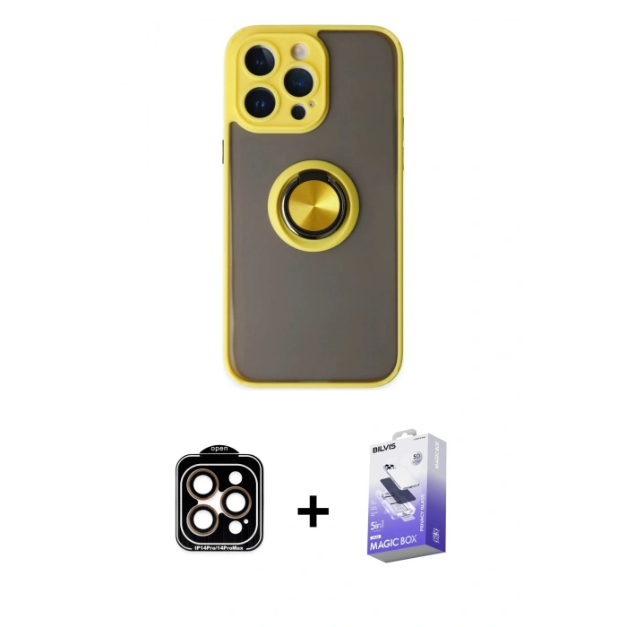 MARSİLYAN™- iPhone 14 Pro Max Kılıf Yörünge Çizgi - Siyah Bilvis 5in1 5D Magic Hayalet Cam Ekran Koruyucu + PVD Metal Kamera Lens - TU