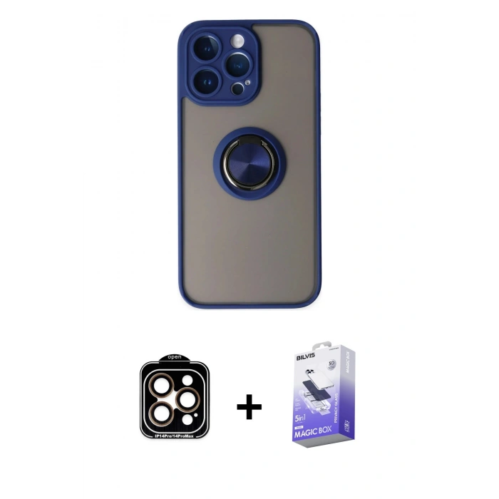 MARSİLYAN™- iPhone 14 Pro Max Kılıf Yörünge Çizgi - Siyah Bilvis 5in1 5D Magic Hayalet Cam Ekran Koruyucu + PVD Metal Kamera Lens - TU