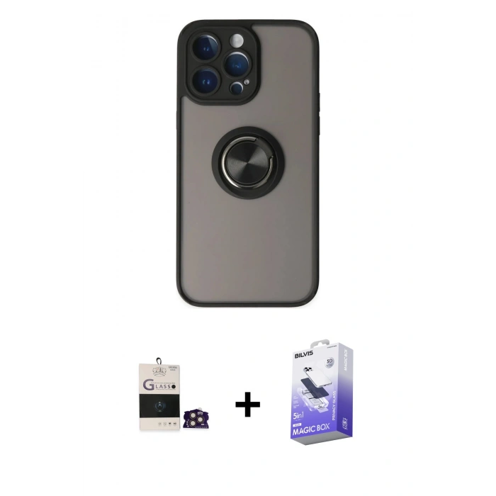 MARSİLYAN™- iPhone 14 Pro Max Kılıf Yörünge Çizgi - Siyah Bilvis 5in1 5D Magic Hayalet Cam Ekran Koruyucu + Bilvis Titan Kamera Lens - GD