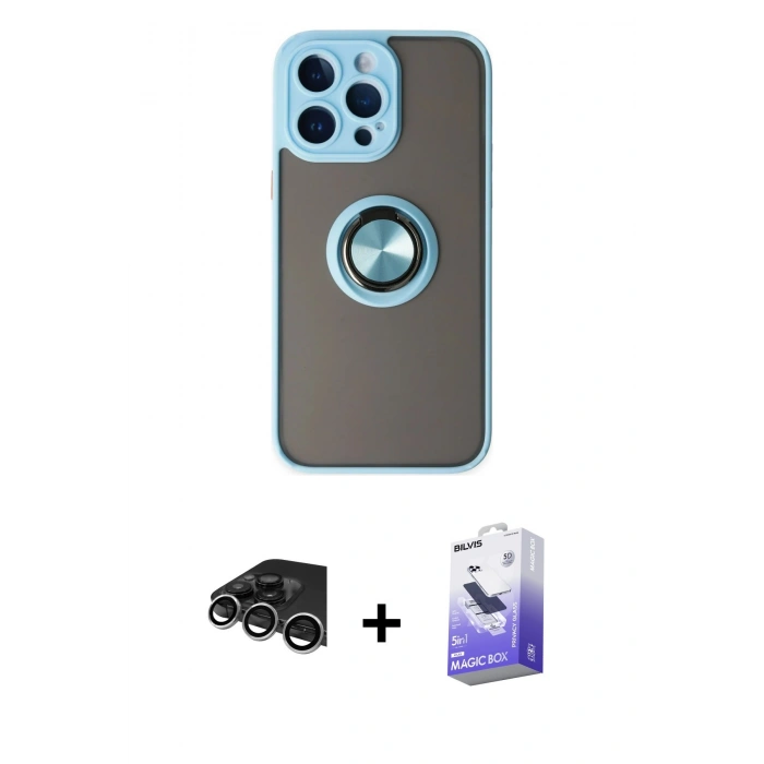 MARSİLYAN™- iPhone 14 Pro Max Kılıf Yörünge Çizgi - Siyah Bilvis 5in1 5D Magic Hayalet Cam Ekran Koruyucu + Raze Metal Kamera Lens - GS