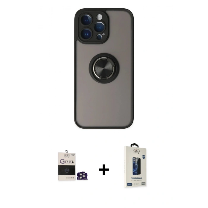 MARSİLYAN™- iPhone 14 Pro Max Kılıf Yörünge Çizgi - Siyah Bilvis Hayalet Cam Ekran Koruyucu + Bilvis Titan Kamera Lens - GS