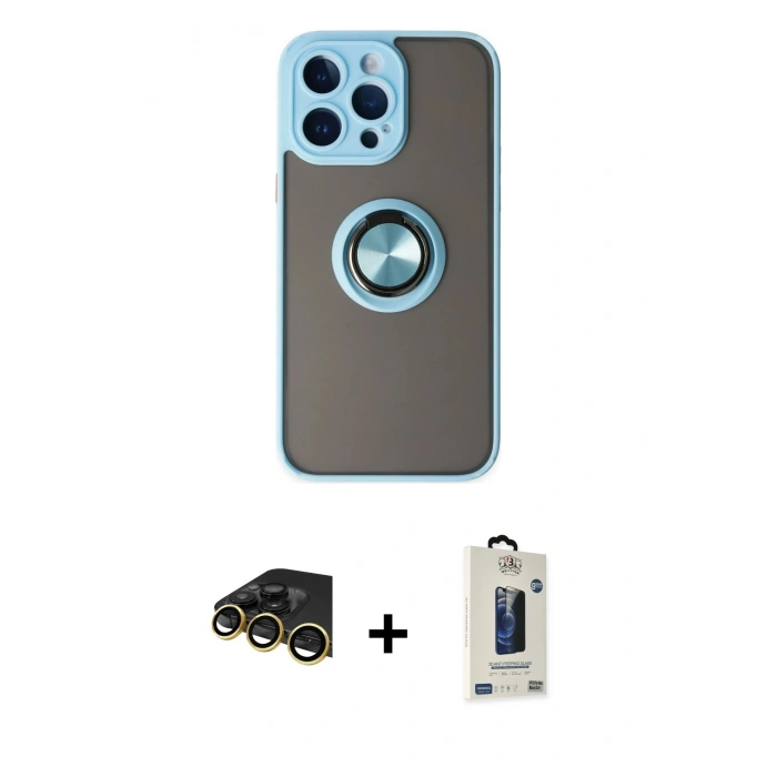 MARSİLYAN™- iPhone 14 Pro Max Kılıf Yörünge Çizgi - Siyah Bilvis Hayalet Cam Ekran Koruyucu + Raze Metal Kamera Lens - GD