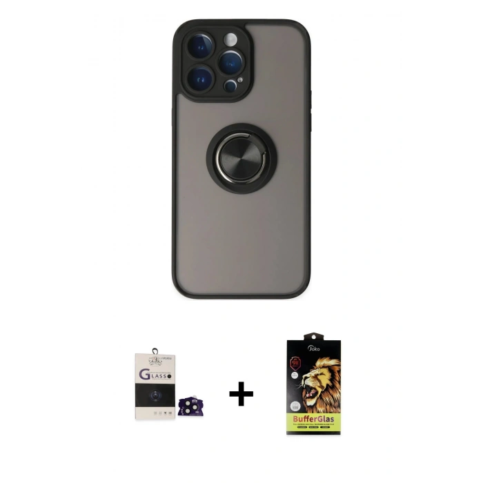 MARSİLYAN™- iPhone 14 Pro Max Kılıf Yörünge Çizgi - Siyah Buffer Cam Ekran Koruyucu + Bilvis Titan Kamera Lens - SH
