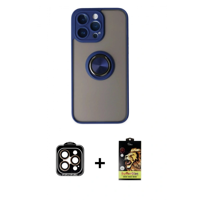 MARSİLYAN™- iPhone 14 Pro Max Kılıf Yörünge Çizgi - Siyah Buffer Cam Ekran Koruyucu + PVD Metal Kamera Lens - TU