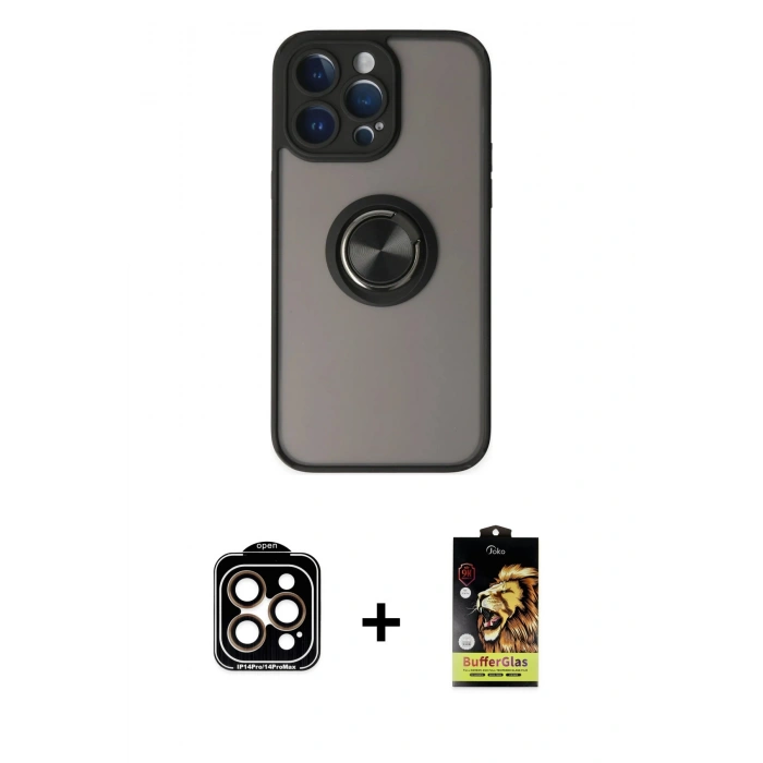 MARSİLYAN™- iPhone 14 Pro Max Kılıf Yörünge Çizgi - Siyah Buffer Cam Ekran Koruyucu + PVD Metal Kamera Lens - TU