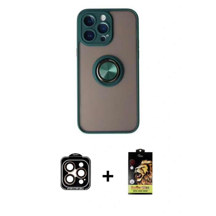 MARSİLYAN™- iPhone 14 Pro Max Kılıf Yörünge Çizgi - Siyah Buffer Cam Ekran Koruyucu + PVD Metal Kamera Lens - TU