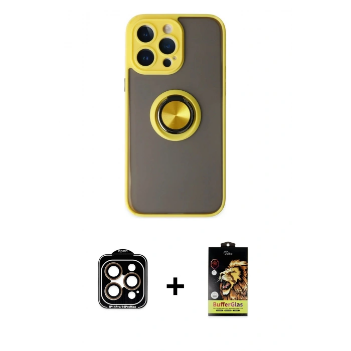 MARSİLYAN™- iPhone 14 Pro Max Kılıf Yörünge Çizgi - Siyah Buffer Cam Ekran Koruyucu + PVD Metal Kamera Lens - TU