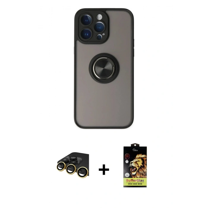 MARSİLYAN™- iPhone 14 Pro Max Kılıf Yörünge Çizgi - Siyah Buffer Cam Ekran Koruyucu + Raze Metal Kamera Lens - GD