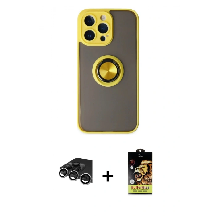 MARSİLYAN™- iPhone 14 Pro Max Kılıf Yörünge Çizgi - Siyah Buffer Cam Ekran Koruyucu + Raze Metal Kamera Lens - GS