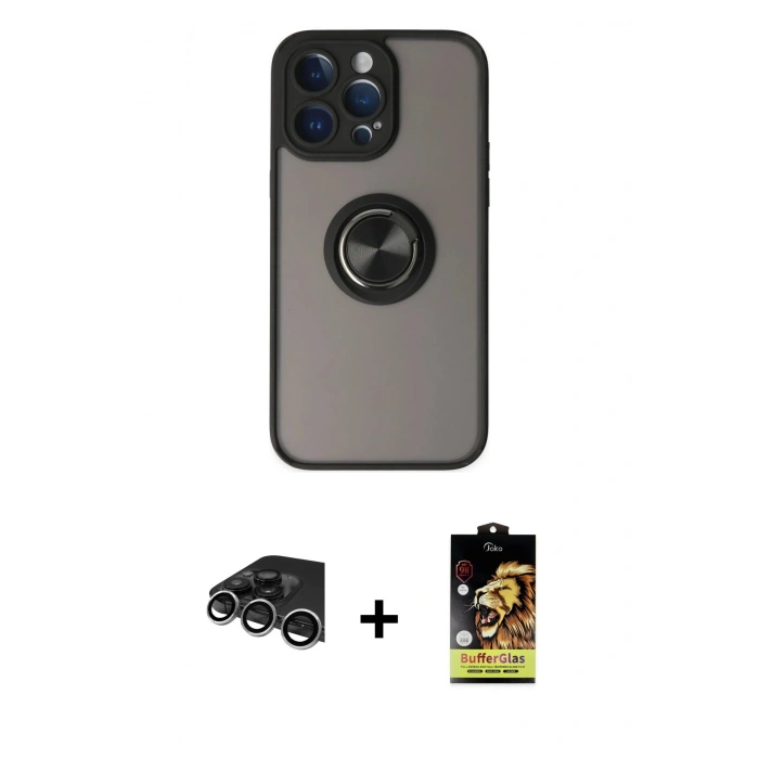 MARSİLYAN™- iPhone 14 Pro Max Kılıf Yörünge Çizgi - Siyah Buffer Cam Ekran Koruyucu + Raze Metal Kamera Lens - GS
