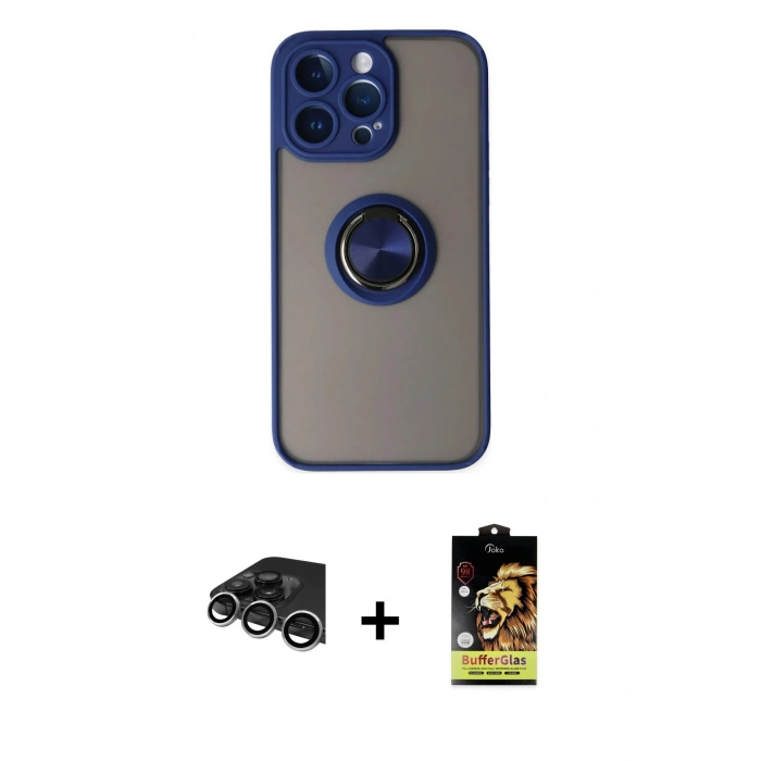 MARSİLYAN™- iPhone 14 Pro Max Kılıf Yörünge Çizgi - Siyah Buffer Cam Ekran Koruyucu + Raze Metal Kamera Lens - GS