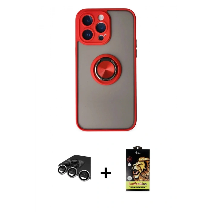 MARSİLYAN™- iPhone 14 Pro Max Kılıf Yörünge Çizgi - Siyah Buffer Cam Ekran Koruyucu + Raze Metal Kamera Lens - GS