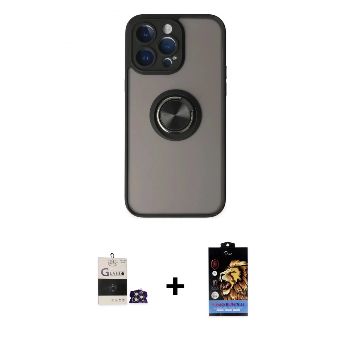 MARSİLYAN™- iPhone 14 Pro Max Kılıf Yörünge Çizgi - Siyah Buffer Hayalet Cam Ekran Koruyucu + Bilvis Titan Kamera Lens - GS