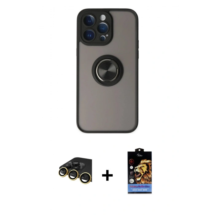 MARSİLYAN™- iPhone 14 Pro Max Kılıf Yörünge Çizgi - Siyah Buffer Hayalet Cam Ekran Koruyucu + Raze Metal Kamera Lens - GD