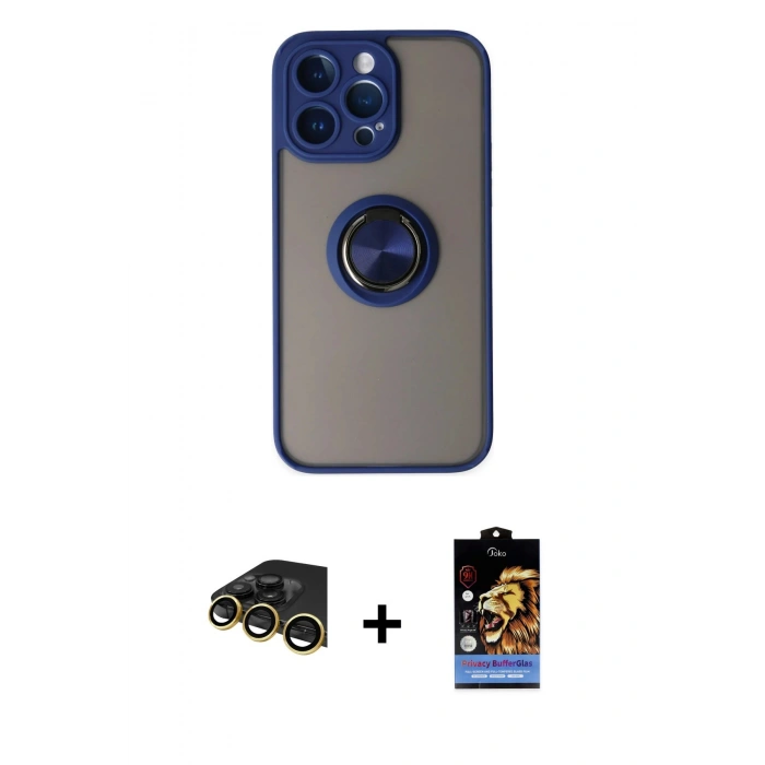 MARSİLYAN™- iPhone 14 Pro Max Kılıf Yörünge Çizgi - Siyah Buffer Hayalet Cam Ekran Koruyucu + Raze Metal Kamera Lens - GD
