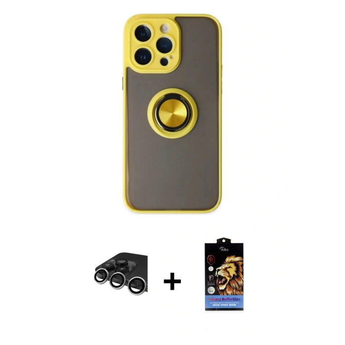 MARSİLYAN™- iPhone 14 Pro Max Kılıf Yörünge Çizgi - Siyah Buffer Hayalet Cam Ekran Koruyucu + Raze Metal Kamera Lens - GS