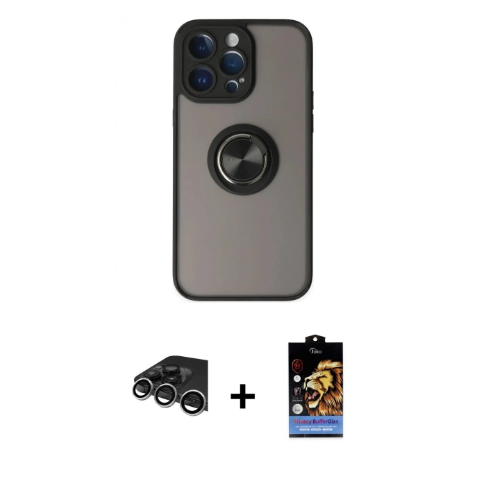 MARSİLYAN™- iPhone 14 Pro Max Kılıf Yörünge Çizgi - Siyah Buffer Hayalet Cam Ekran Koruyucu + Raze Metal Kamera Lens - GS