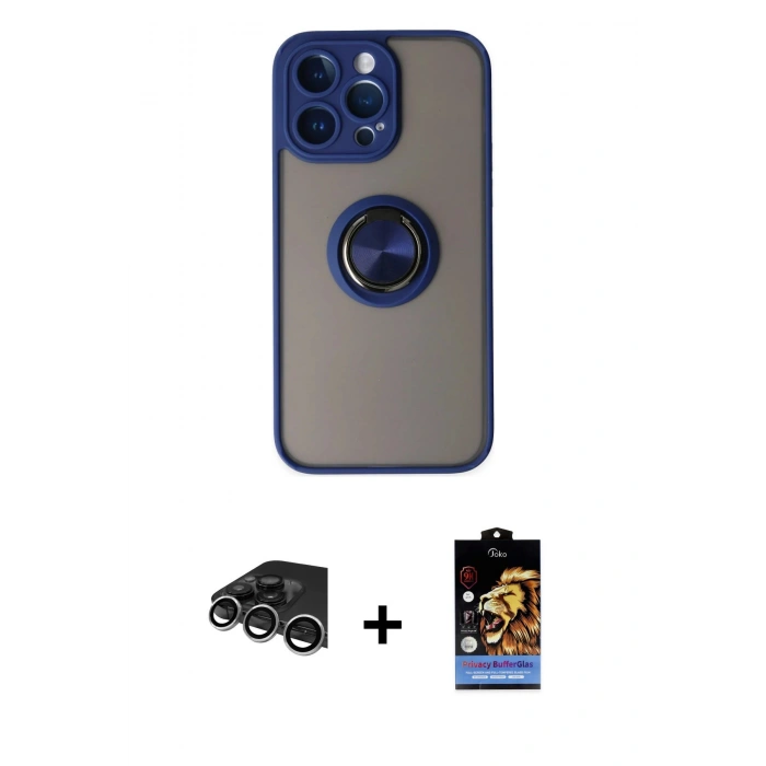 MARSİLYAN™- iPhone 14 Pro Max Kılıf Yörünge Çizgi - Siyah Buffer Hayalet Cam Ekran Koruyucu + Raze Metal Kamera Lens - GS