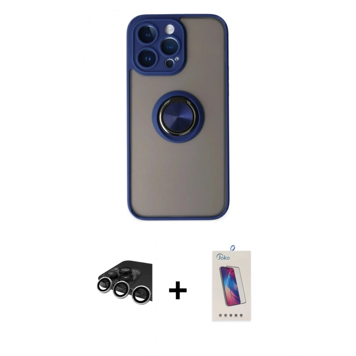 MARSİLYAN™- iPhone 14 Pro Max Kılıf Yörünge Çizgi - Siyah Joko 5D Cam + Raze Metal Kamera Lens - GS