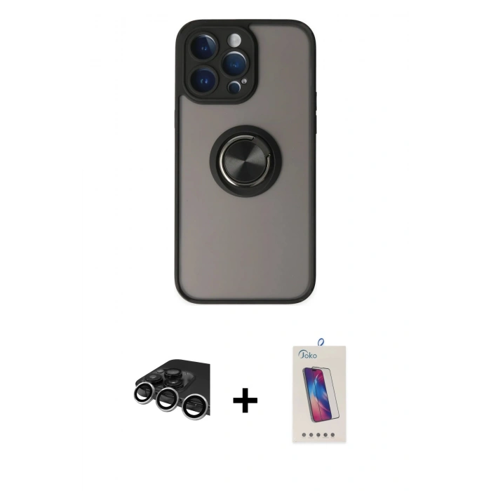 MARSİLYAN™- iPhone 14 Pro Max Kılıf Yörünge Çizgi - Siyah Joko 5D Cam + Raze Metal Kamera Lens - GS