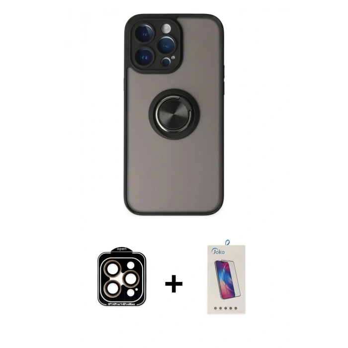 MARSİLYAN™- iPhone 14 Pro Max Kılıf Yörünge Çizgi - Siyah Joko 5D Cam + PVD Metal Kamera Lens - TU