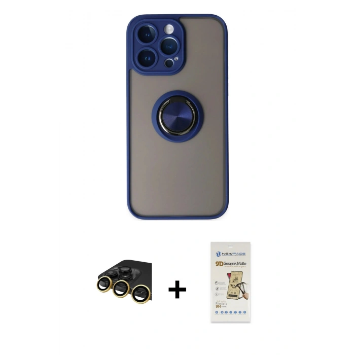MARSİLYAN™- iPhone 14 Pro Max Kılıf Yörünge Çizgi - Siyah Mat Seramik Nano Ekran Koruyucu + Raze Metal Kamera Lens - GD