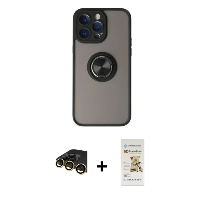MARSİLYAN™- iPhone 14 Pro Max Kılıf Yörünge Çizgi - Siyah Mat Seramik Nano Ekran Koruyucu + Raze Metal Kamera Lens - GD