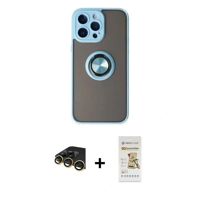 MARSİLYAN™- iPhone 14 Pro Max Kılıf Yörünge Çizgi - Siyah Mat Seramik Nano Ekran Koruyucu + Raze Metal Kamera Lens - GD