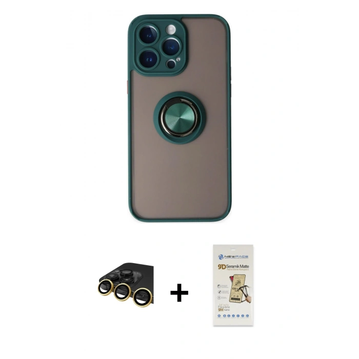 MARSİLYAN™- iPhone 14 Pro Max Kılıf Yörünge Çizgi - Siyah Mat Seramik Nano Ekran Koruyucu + Raze Metal Kamera Lens - GD