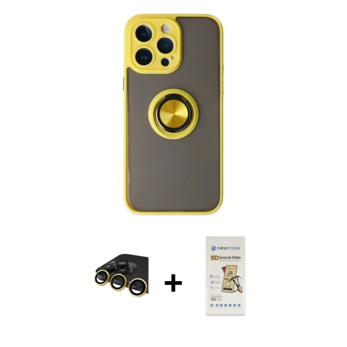 MARSİLYAN™- iPhone 14 Pro Max Kılıf Yörünge Çizgi - Siyah Mat Seramik Nano Ekran Koruyucu + Raze Metal Kamera Lens - GD